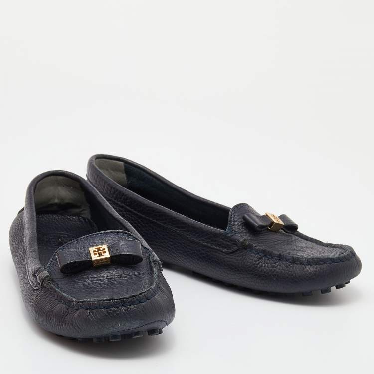 Pre Owned Tory Burch Black Leather Bow Loafers Size 36