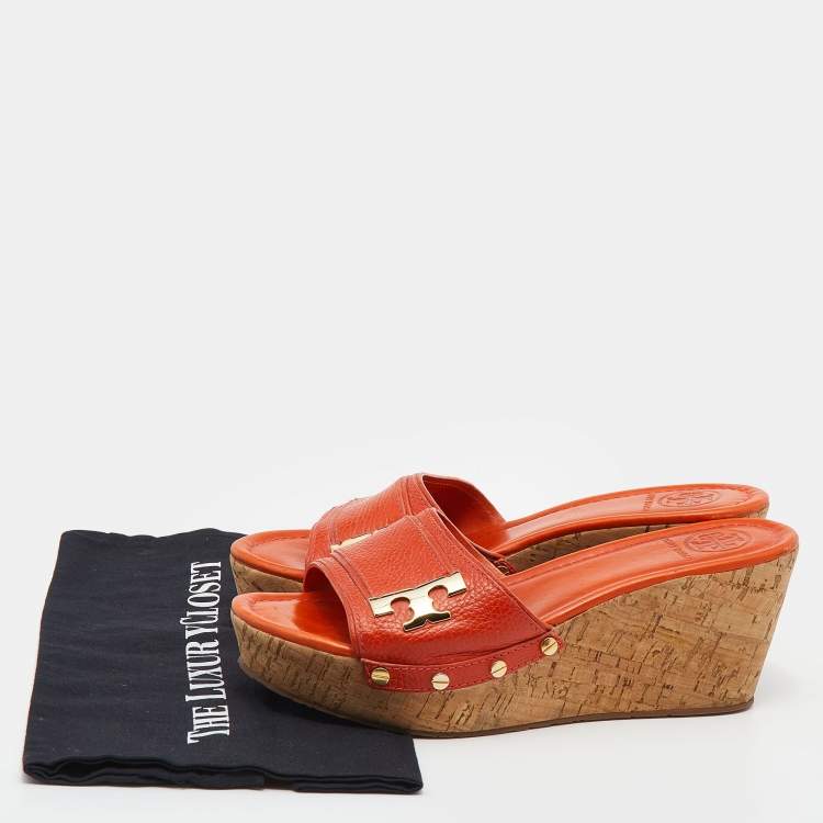 Pre Owned Tory Burch Orange Leather Cork Wedge Platform Slide Sandals Size 38.5