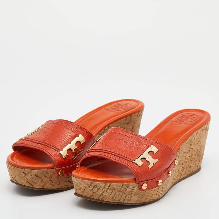 Pre Owned Tory Burch Orange Leather Cork Wedge Platform Slide Sandals Size 38.5