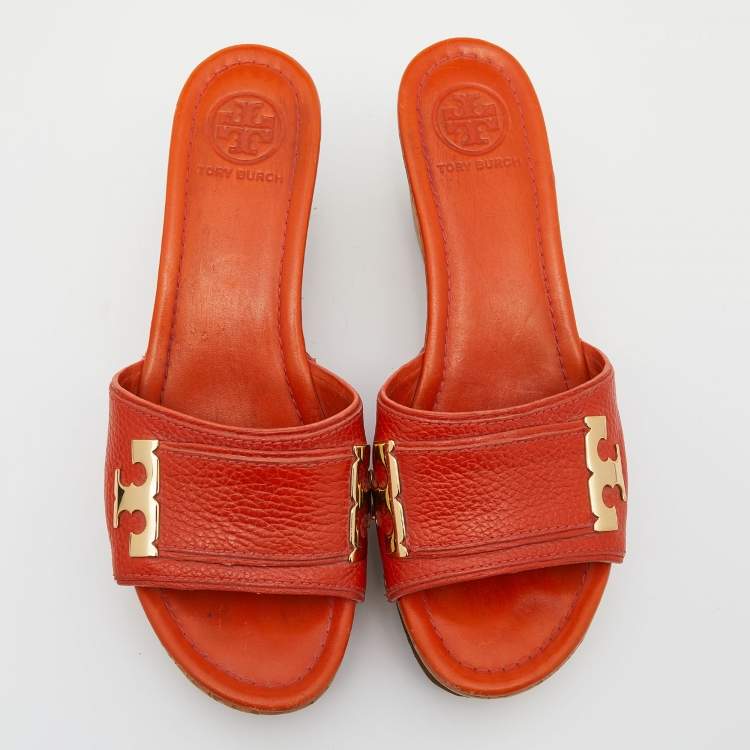 Pre Owned Tory Burch Orange Leather Cork Wedge Platform Slide Sandals Size 38.5