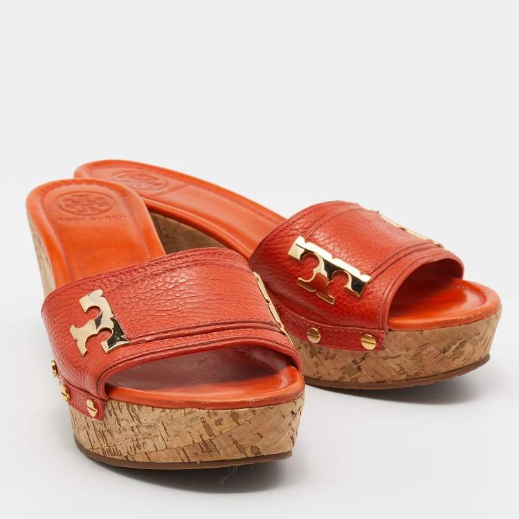 Pre Owned Tory Burch Orange Leather Cork Wedge Platform Slide Sandals Size 38.5