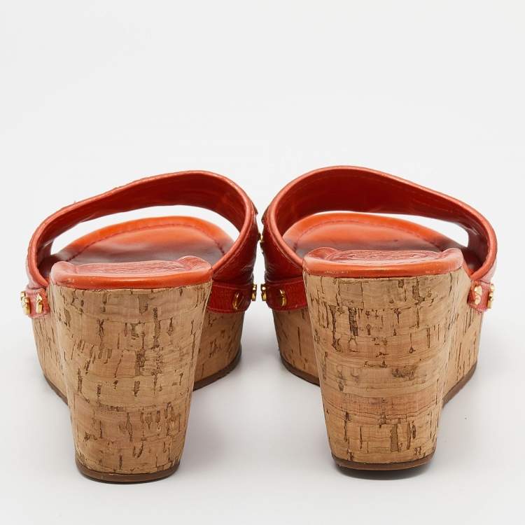 Pre Owned Tory Burch Orange Leather Cork Wedge Platform Slide Sandals Size 38.5