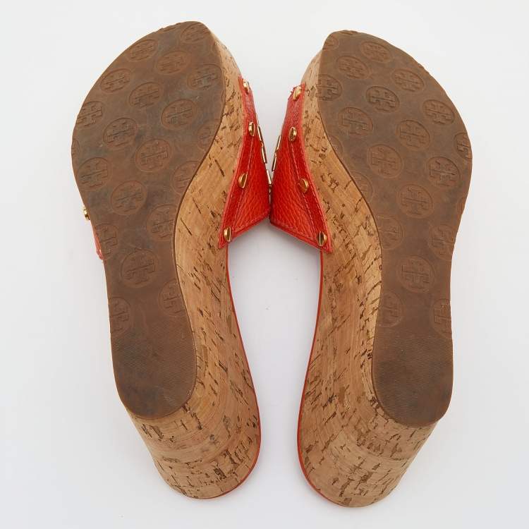 Pre Owned Tory Burch Orange Leather Cork Wedge Platform Slide Sandals Size 38.5