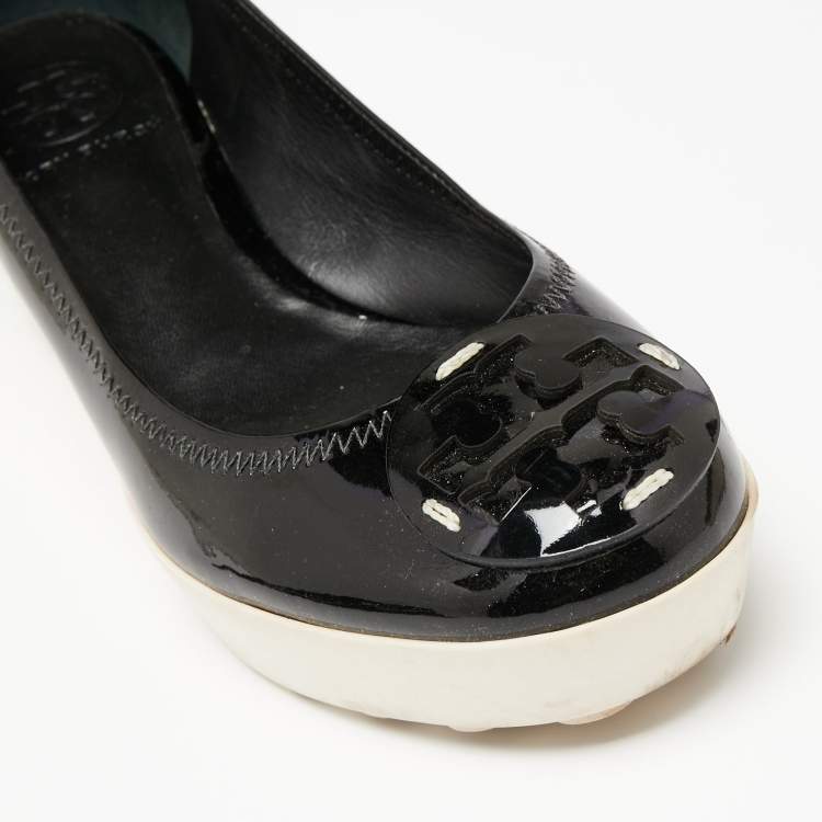 Pre Owned Tory Burch Black Patent Leather Logo Platform Wedge Pumps Size 37