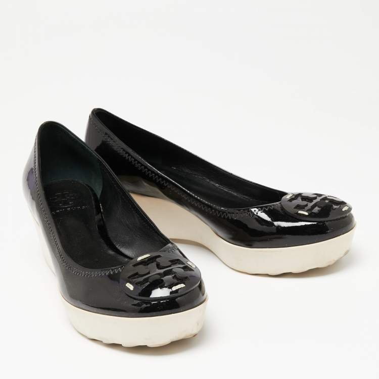 Pre Owned Tory Burch Black Patent Leather Logo Platform Wedge Pumps Size 37