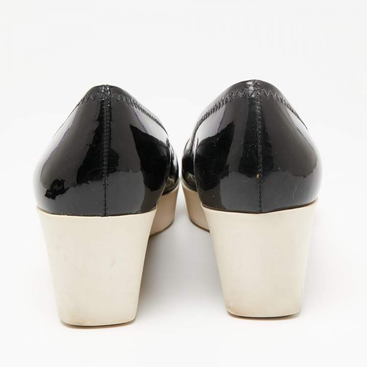 Pre Owned Tory Burch Black Patent Leather Logo Platform Wedge Pumps Size 37