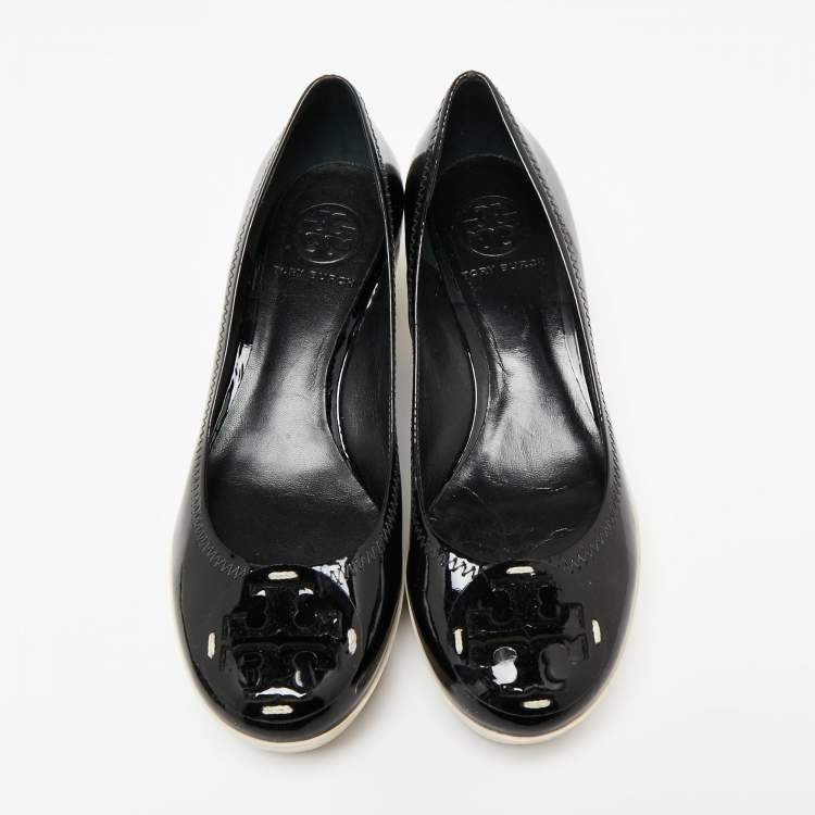 Pre Owned Tory Burch Black Patent Leather Logo Platform Wedge Pumps Size 37