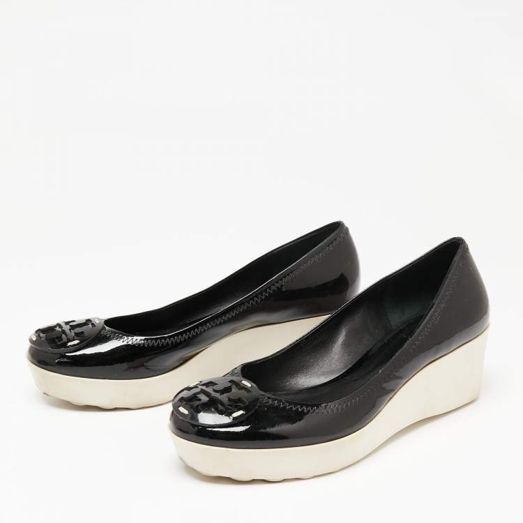Pre Owned Tory Burch Black Patent Leather Logo Platform Wedge Pumps Size 37