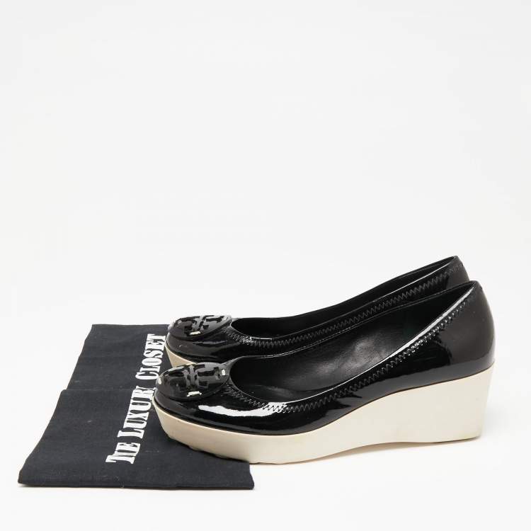 Pre Owned Tory Burch Black Patent Leather Logo Platform Wedge Pumps Size 37