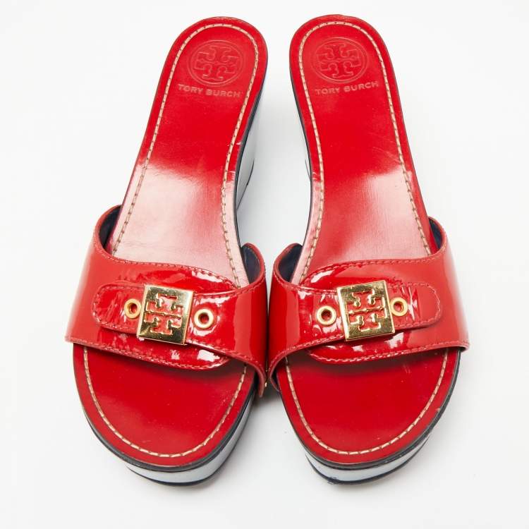 Pre Owned Tory Burch Red Patent Leather  Wedge Slide Sandals Size 38