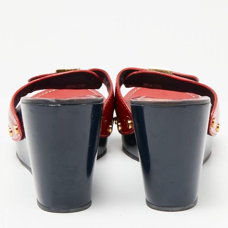 Pre Owned Tory Burch Red Patent Leather  Wedge Slide Sandals Size 38