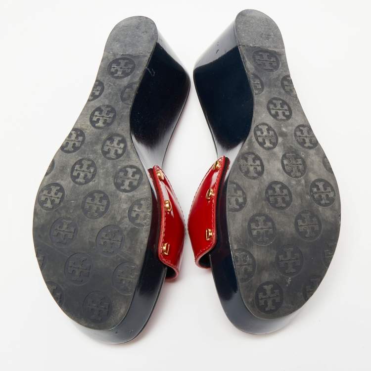 Pre Owned Tory Burch Red Patent Leather  Wedge Slide Sandals Size 38