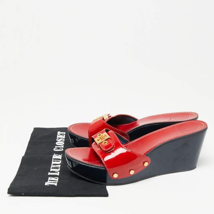 Pre Owned Tory Burch Red Patent Leather  Wedge Slide Sandals Size 38