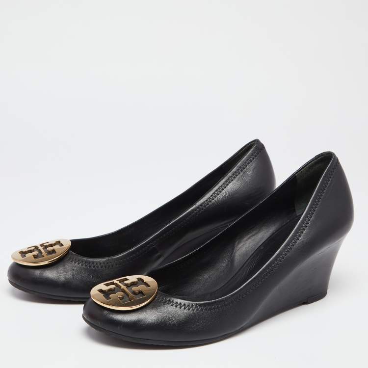 Pre Owned Tory Burch Black Leather Sophie Embellished Wedge Pumps Size 39