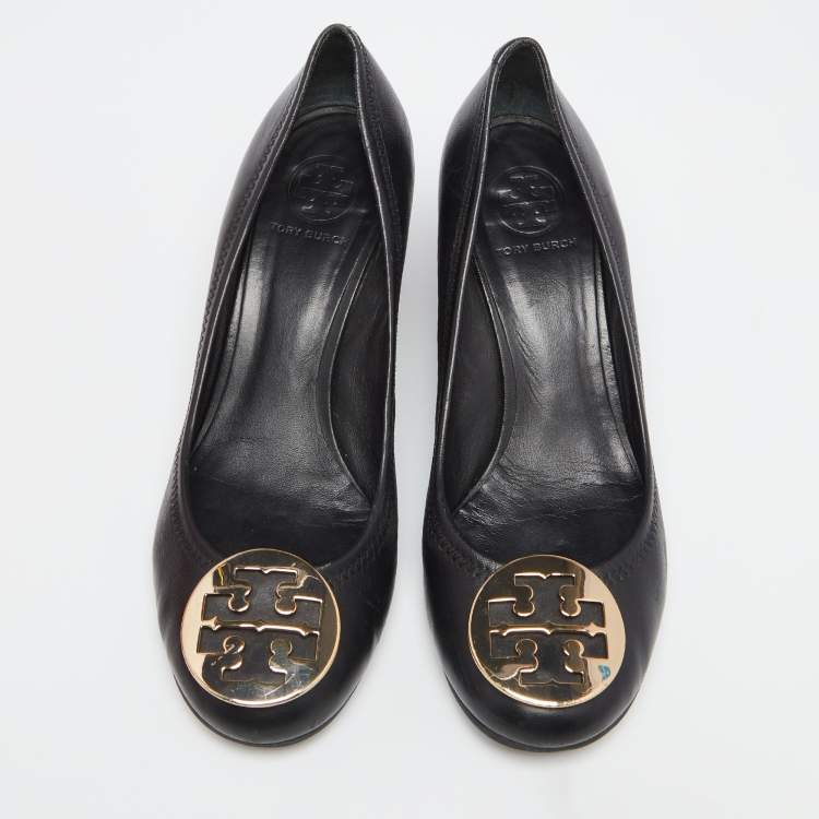 Pre Owned Tory Burch Black Leather Sophie Embellished Wedge Pumps Size 39