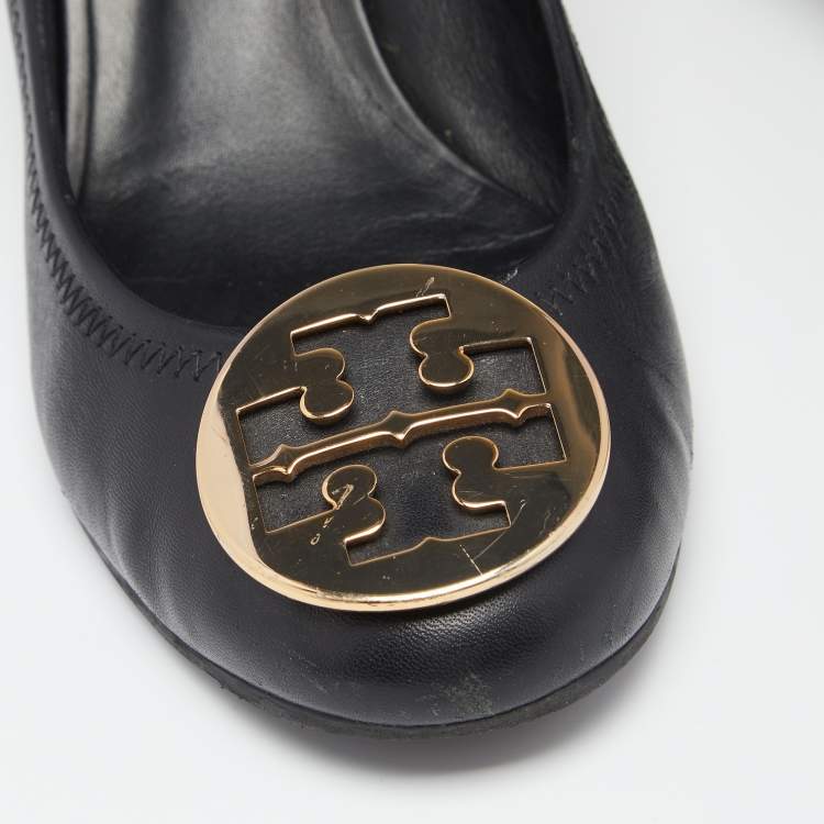 Pre Owned Tory Burch Black Leather Sophie Embellished Wedge Pumps Size 39