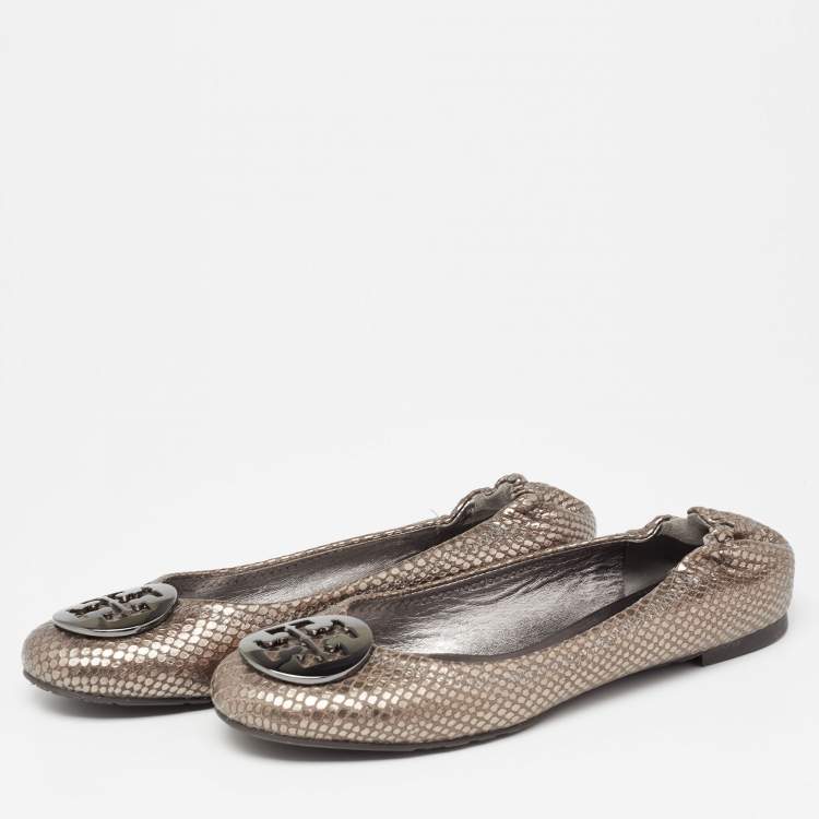 Pre Owned Tory Burch Metallic Grey Snakeskin Embossed Leather Minnie Ballet Flats Size 38