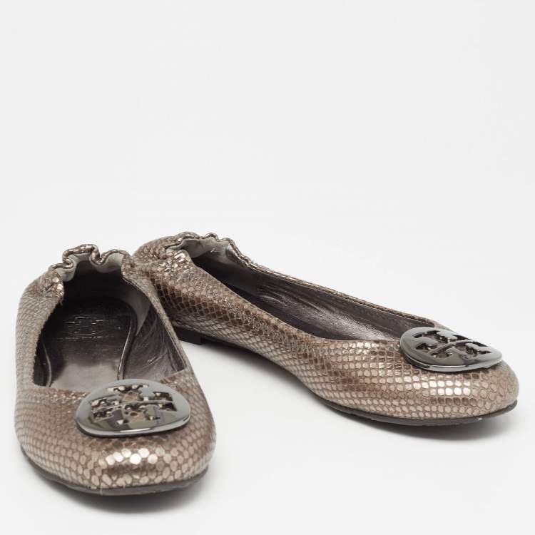 Pre Owned Tory Burch Metallic Grey Snakeskin Embossed Leather Minnie Ballet Flats Size 38