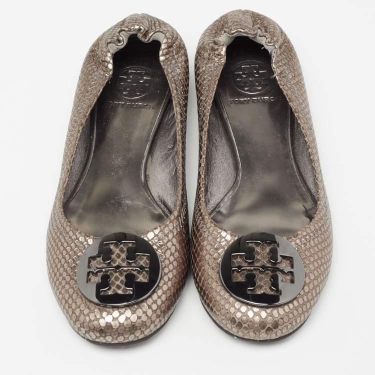 Pre Owned Tory Burch Metallic Grey Snakeskin Embossed Leather Minnie Ballet Flats Size 38