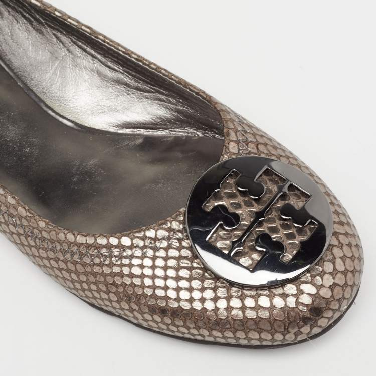 Pre Owned Tory Burch Metallic Grey Snakeskin Embossed Leather Minnie Ballet Flats Size 38
