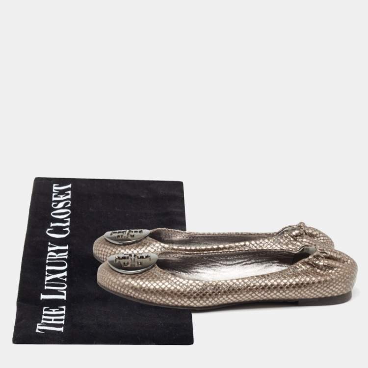 Pre Owned Tory Burch Metallic Grey Snakeskin Embossed Leather Minnie Ballet Flats Size 38