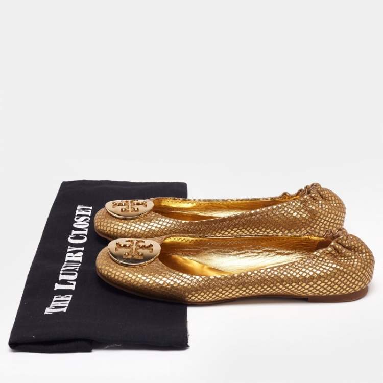 Pre Owned Tory Burch Gold Snakeskin Embossed Leather Minnie Ballet Flats Size 38