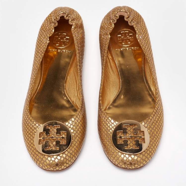 Pre Owned Tory Burch Gold Snakeskin Embossed Leather Minnie Ballet Flats Size 38