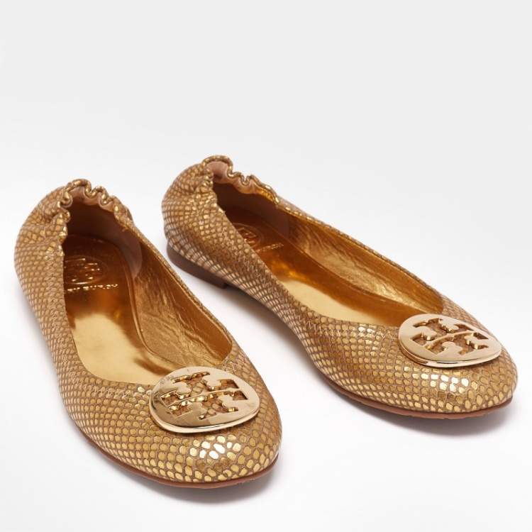 Pre Owned Tory Burch Gold Snakeskin Embossed Leather Minnie Ballet Flats Size 38