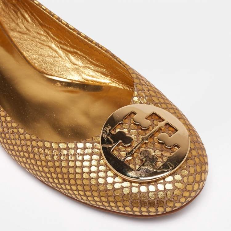 Pre Owned Tory Burch Gold Snakeskin Embossed Leather Minnie Ballet Flats Size 38
