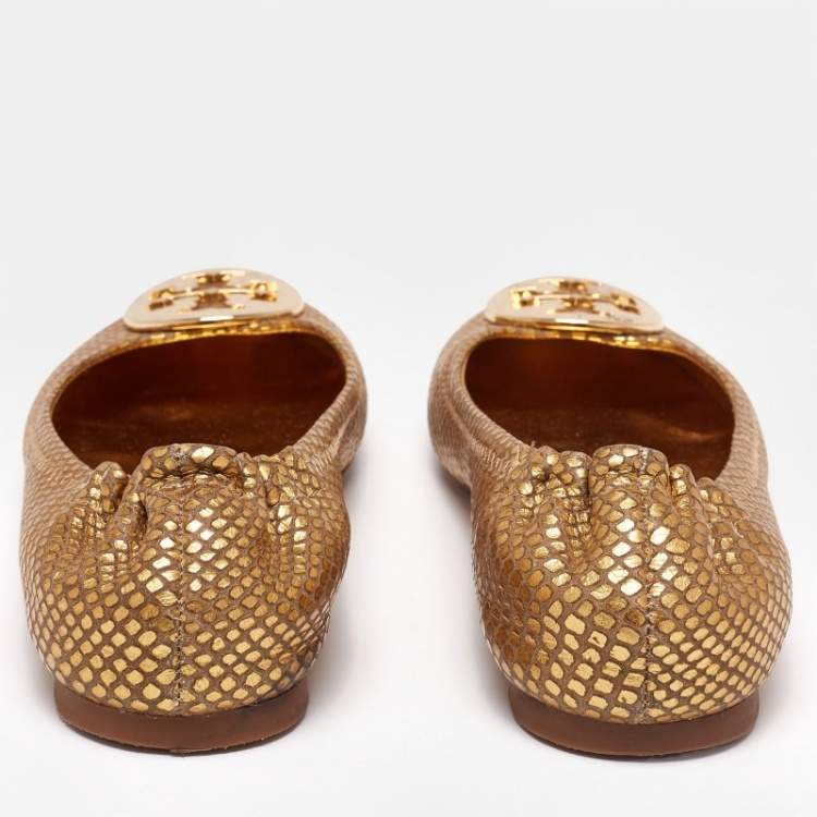 Pre Owned Tory Burch Gold Snakeskin Embossed Leather Minnie Ballet Flats Size 38
