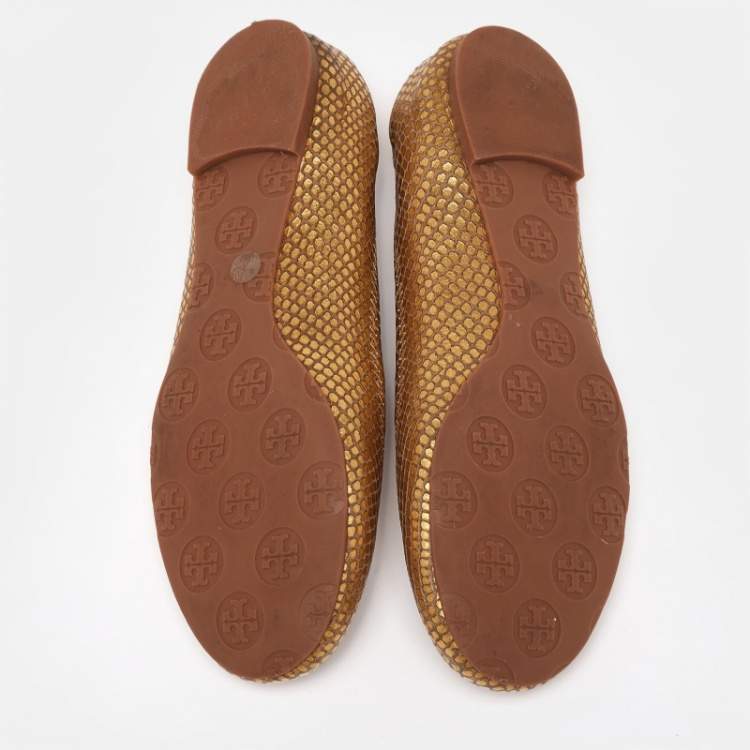Pre Owned Tory Burch Gold Snakeskin Embossed Leather Minnie Ballet Flats Size 38