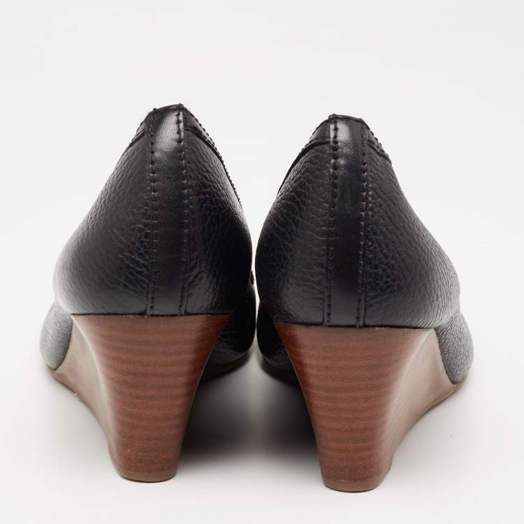 Pre Owned Tory Burch Black Leather Wedge Pumps Size 38.5