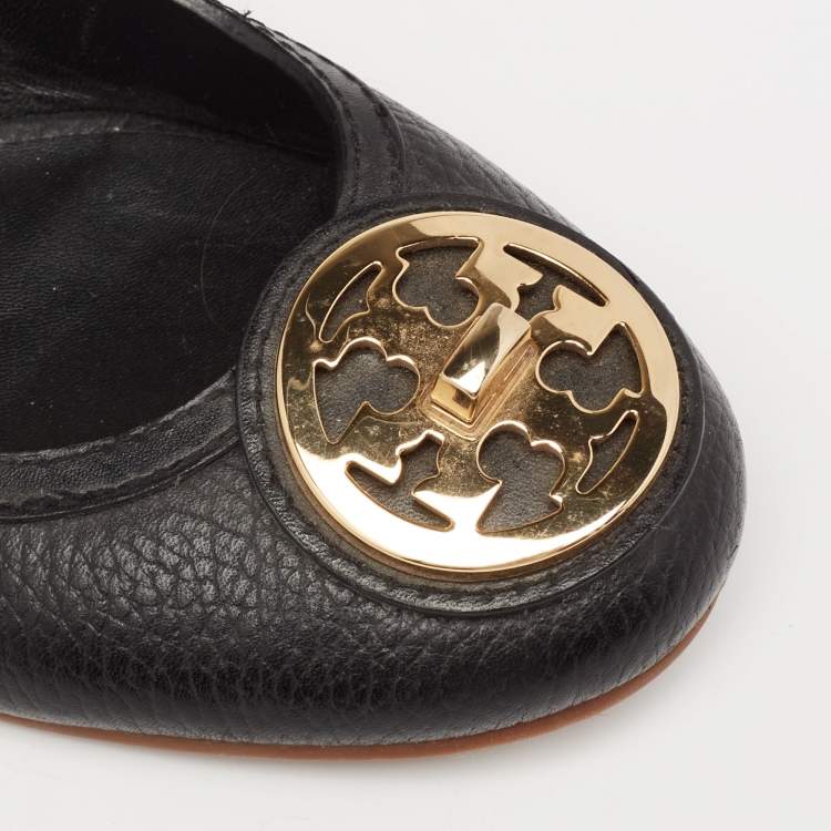 Pre Owned Tory Burch Black Leather Wedge Pumps Size 38.5