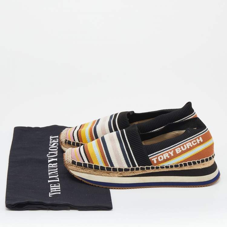 مملوكة مسبقًا Tory Burch Multicolor Stretch Fabric Daisy Logo Espadrille Slip On Sneakers Size 37.5