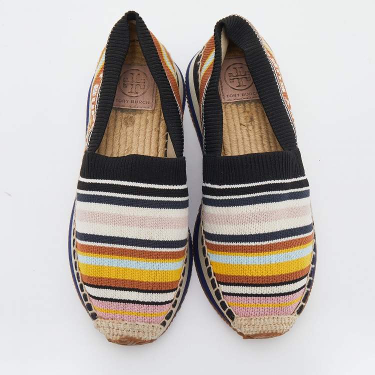 مملوكة مسبقًا Tory Burch Multicolor Stretch Fabric Daisy Logo Espadrille Slip On Sneakers Size 37.5
