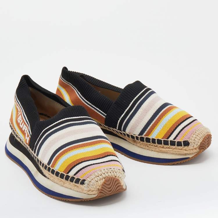 مملوكة مسبقًا Tory Burch Multicolor Stretch Fabric Daisy Logo Espadrille Slip On Sneakers Size 37.5