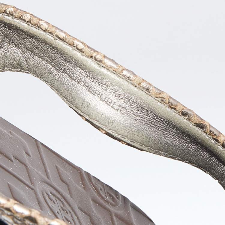 Pre Owned Tory Burch Metallic Brown Snakeskin Embossed Leather Miller Thong Flats Size 39