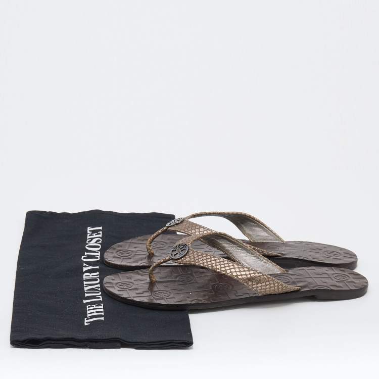 Pre Owned Tory Burch Metallic Brown Snakeskin Embossed Leather Miller Thong Flats Size 39