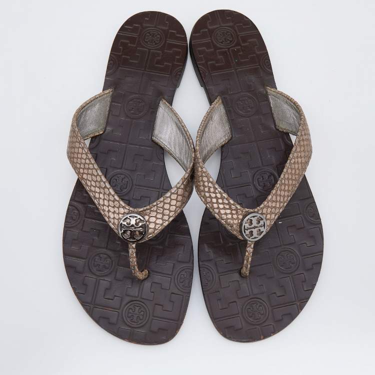 Pre Owned Tory Burch Metallic Brown Snakeskin Embossed Leather Miller Thong Flats Size 39