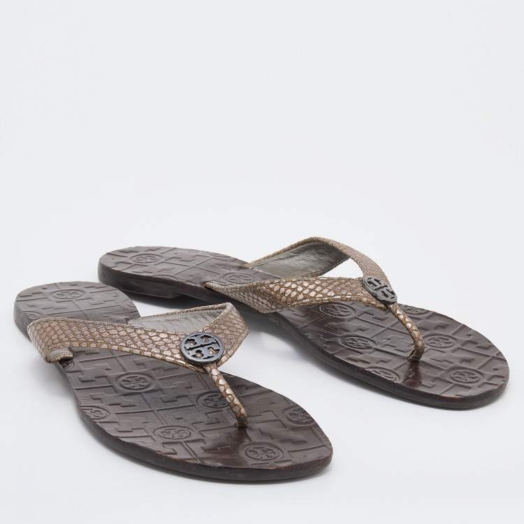 Pre Owned Tory Burch Metallic Brown Snakeskin Embossed Leather Miller Thong Flats Size 39
