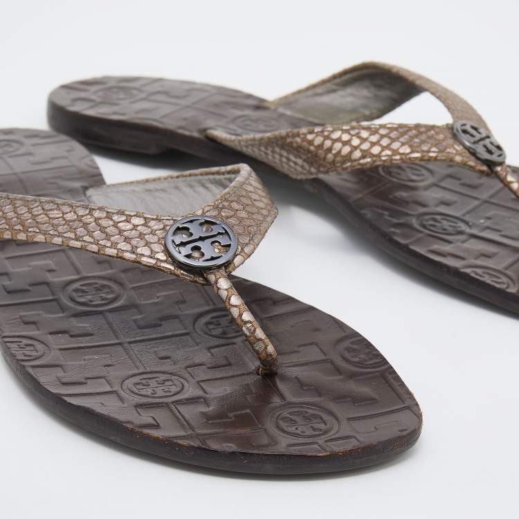 Pre Owned Tory Burch Metallic Brown Snakeskin Embossed Leather Miller Thong Flats Size 39