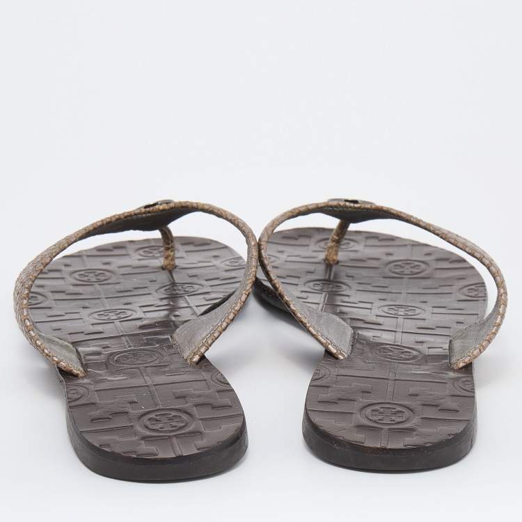 Pre Owned Tory Burch Metallic Brown Snakeskin Embossed Leather Miller Thong Flats Size 39