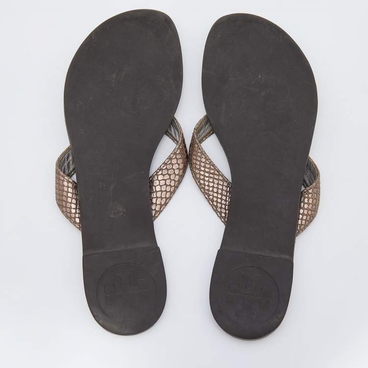Pre Owned Tory Burch Metallic Brown Snakeskin Embossed Leather Miller Thong Flats Size 39