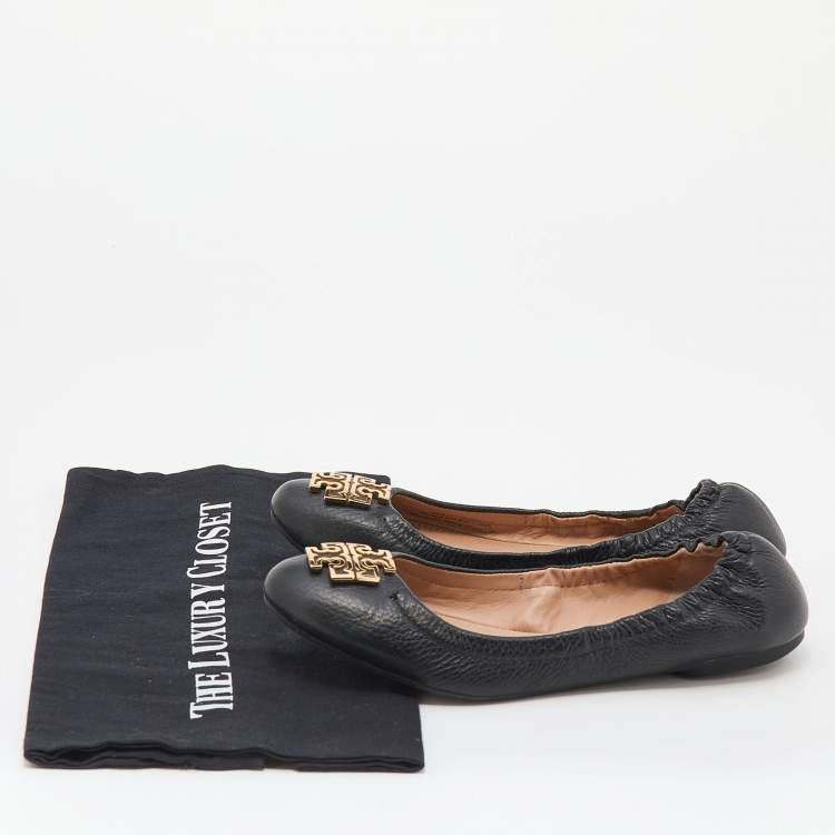 Pre Owned Tory Burch Black Leather Minnie Scrunch Ballet Flats Size 37