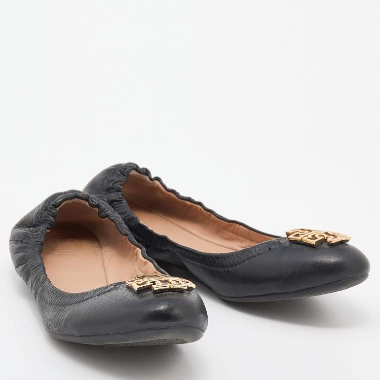 Pre Owned Tory Burch Black Leather Minnie Scrunch Ballet Flats Size 37