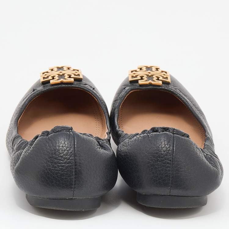Pre Owned Tory Burch Black Leather Minnie Scrunch Ballet Flats Size 37