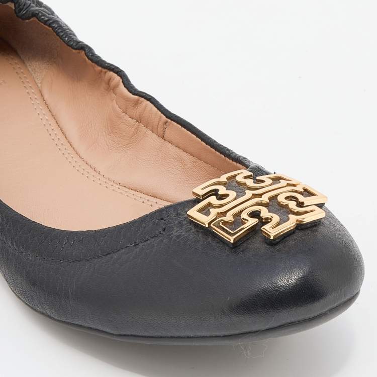 Pre Owned Tory Burch Black Leather Minnie Scrunch Ballet Flats Size 37