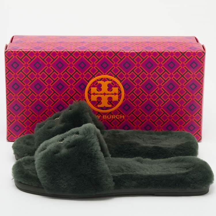 Pre Owned Tory Burch Green Shearling Double T Fluffy Flat Slides Size 38