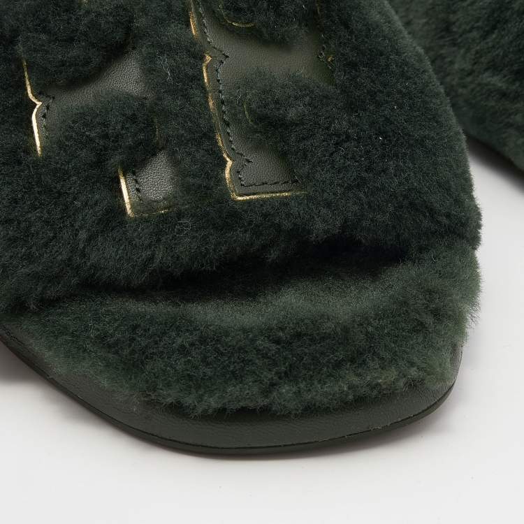 Pre Owned Tory Burch Green Shearling Double T Fluffy Flat Slides Size 38