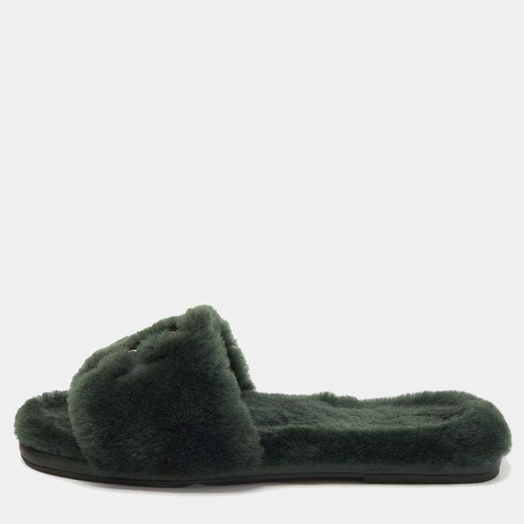 Pre Owned Tory Burch Green Shearling Double T Fluffy Flat Slides Size 38
